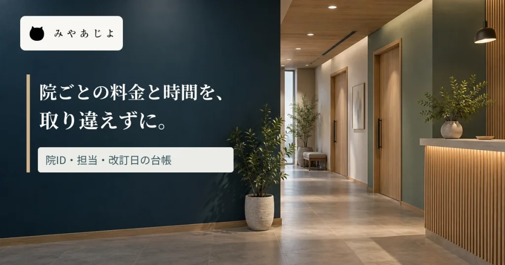 整骨院受付に、院ごとの料金と時間を取り違えずに更新する見出しを重ねた画像