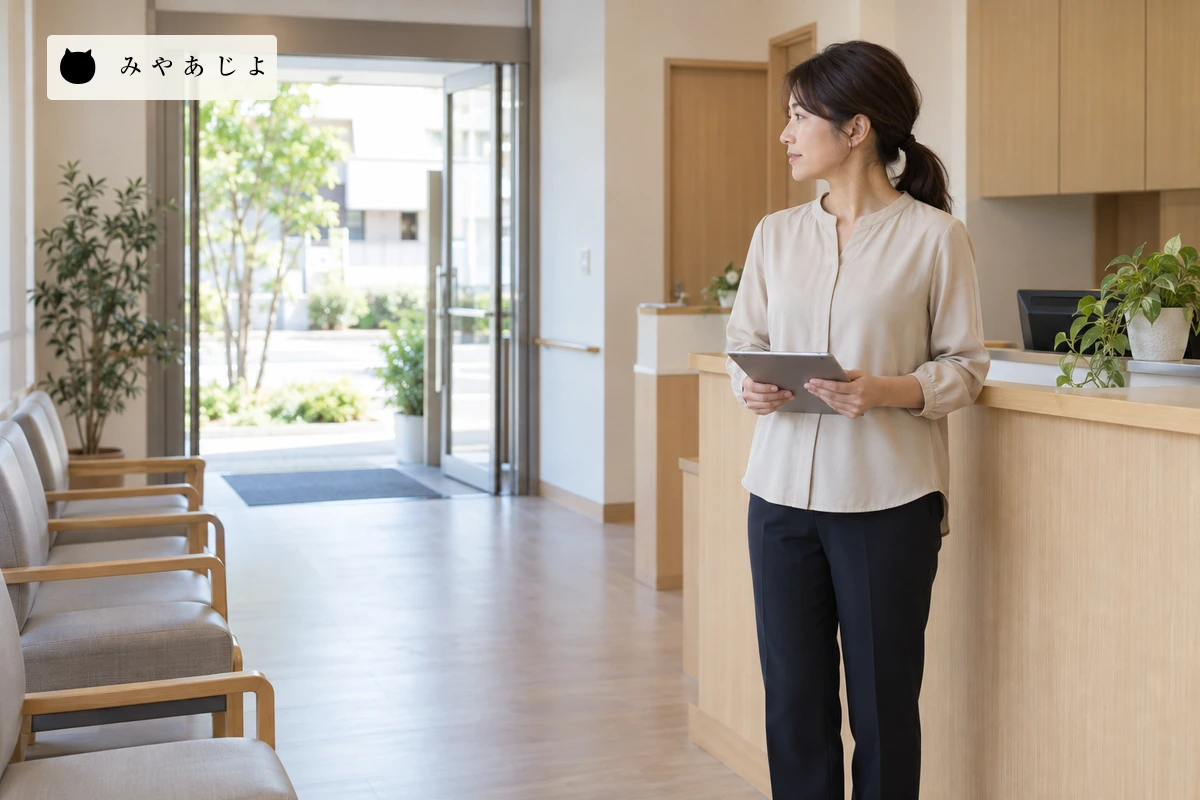 タブレットを持って入口付近を見る受付担当者。実在医院の設備や受入体制を示すものではない