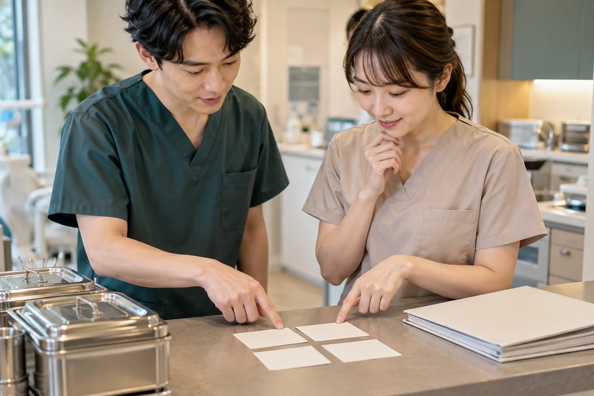無記名のカードと研修資料を前に担当業務を確認する歯科スタッフ