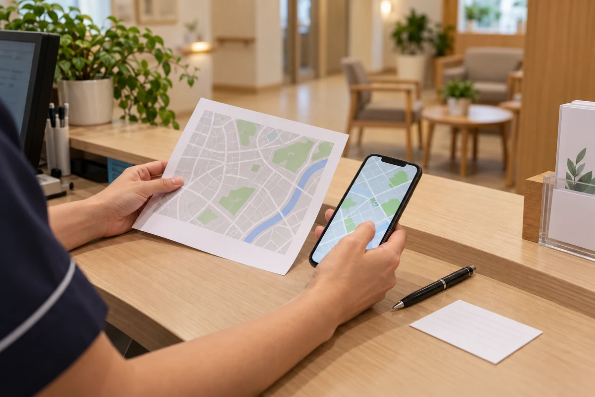 印字のない地図とスマートフォンを見比べる受付担当者の手元