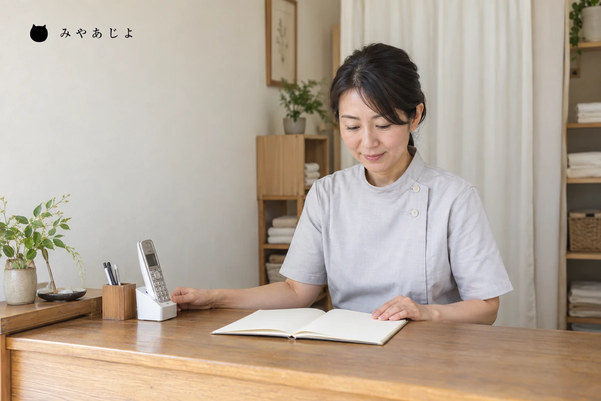 院の担当者が受付で予約の連絡を確認する編集イメージ