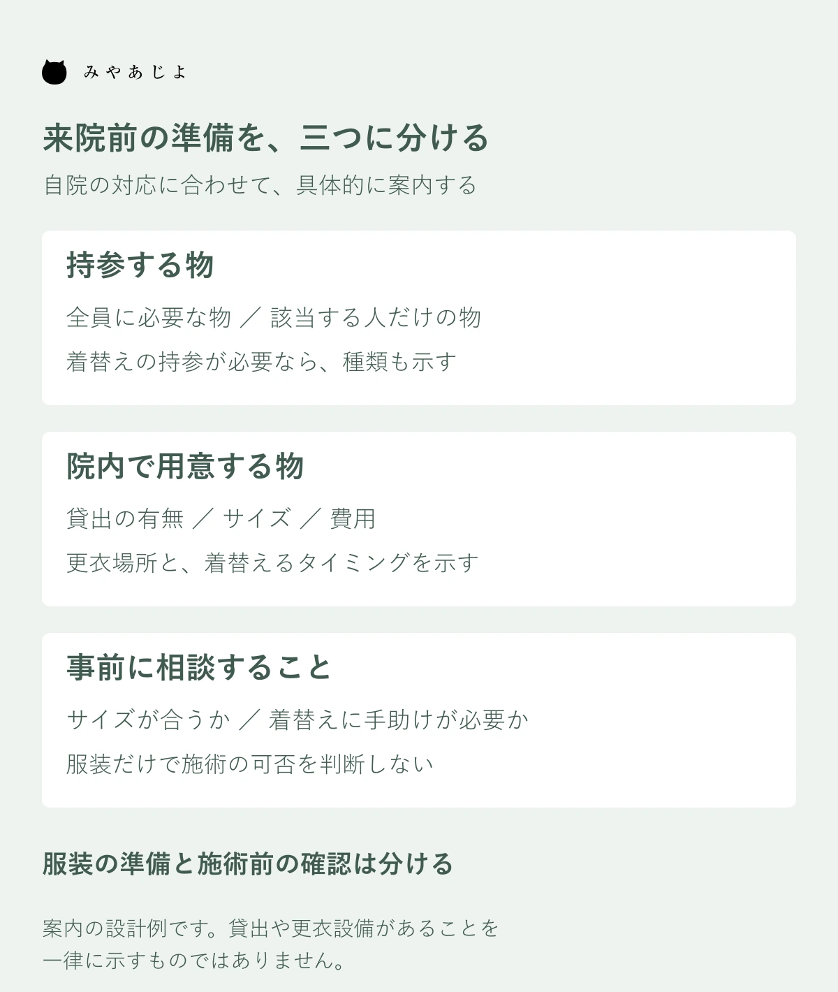 持参する物・院内で用意する物・事前に相談することを分けた案内図