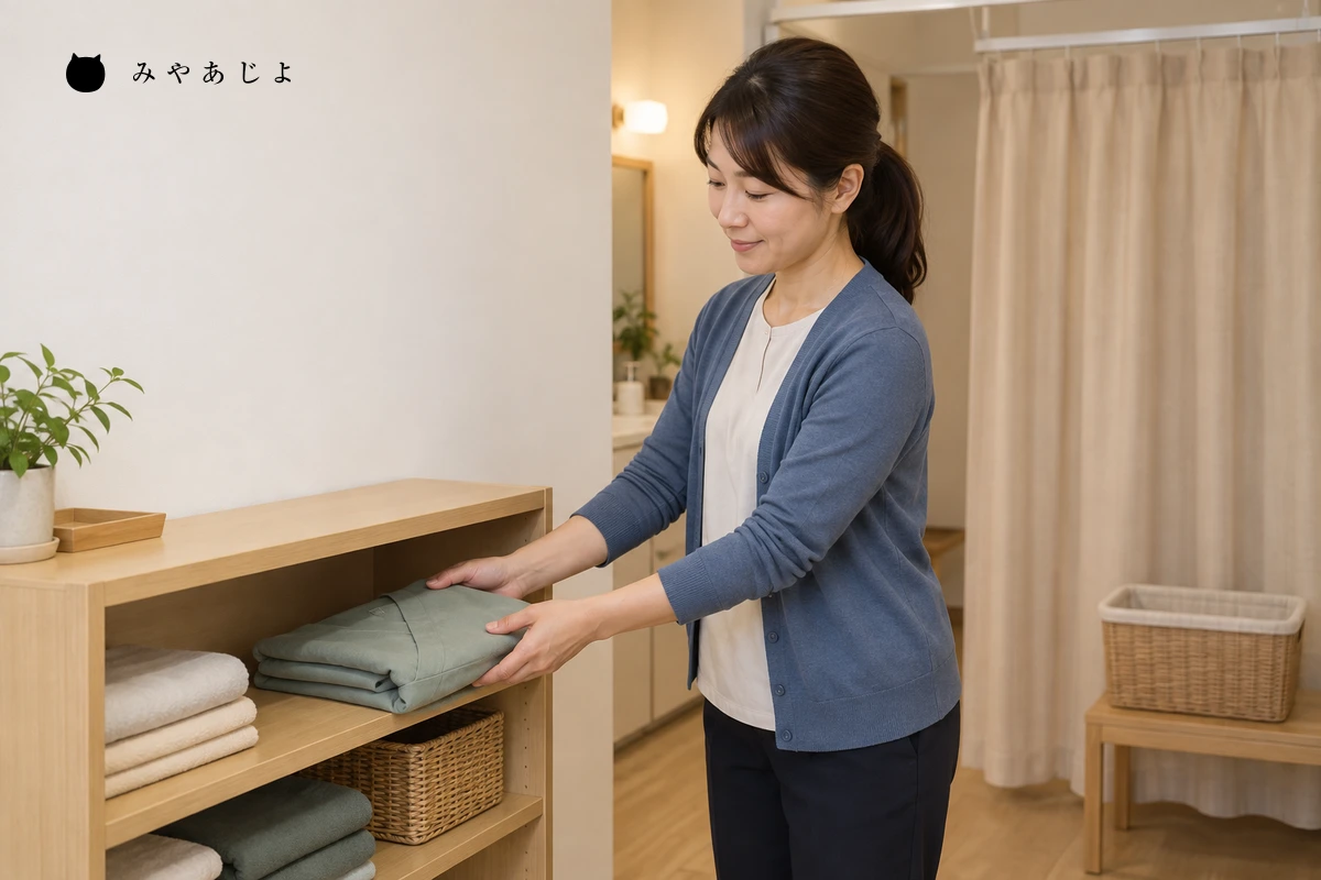 院内の棚で着替え用の衣類を整えるスタッフの架空イメージ