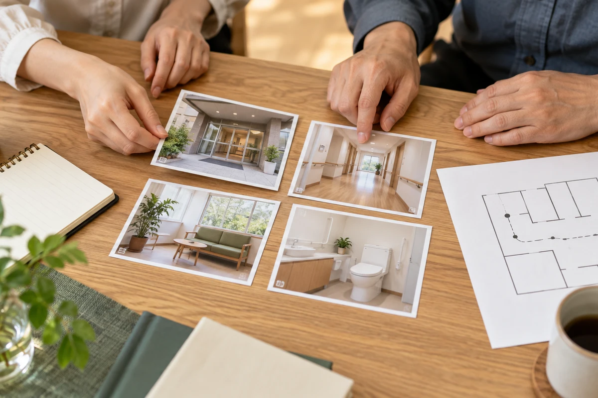 無記名の写真カードと場所の案内図を並べて見学ページを検討する手元