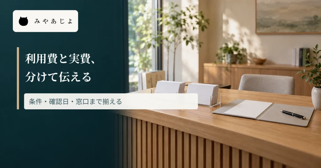受付机で費用案内を区分して並べ、利用費と実費を分ける見出しを重ねた画像