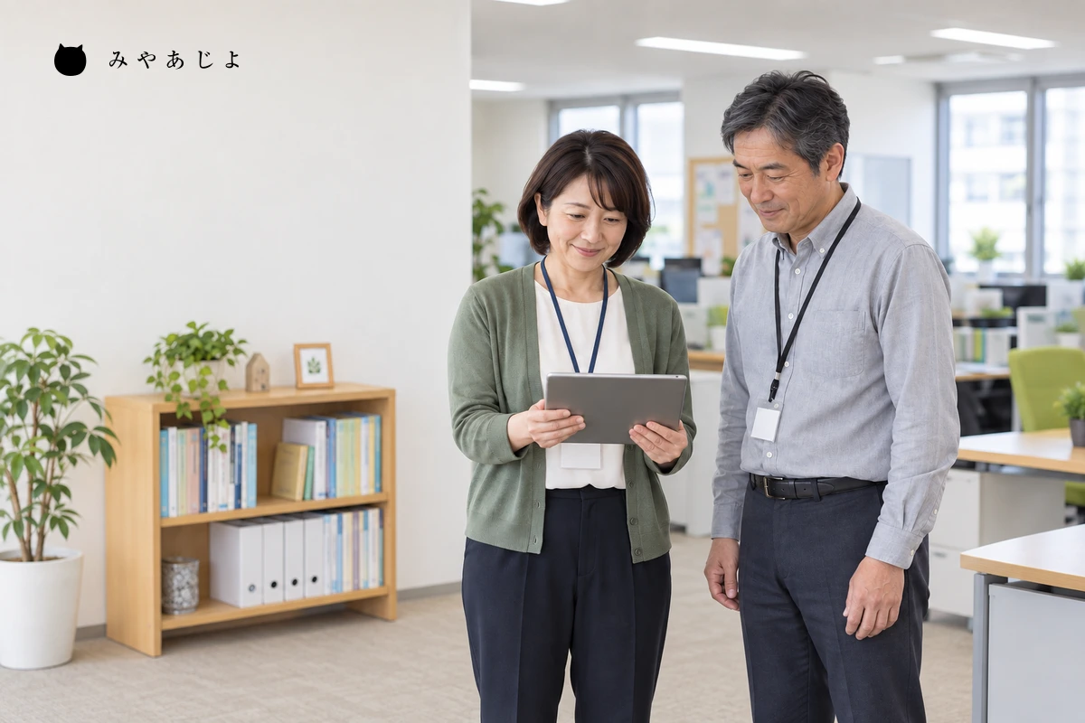 タブレットで相談案内を確認する福祉事業所職員の架空イメージ