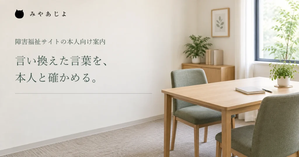言い換えた言葉を本人と確かめるという見出しと、相談スペース