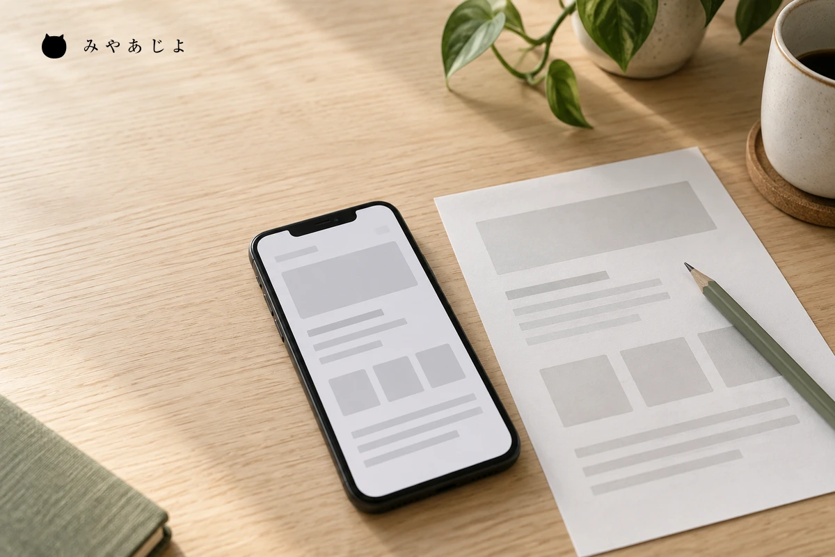 スマートフォンと紙の案内の表示を比べる机上イメージ