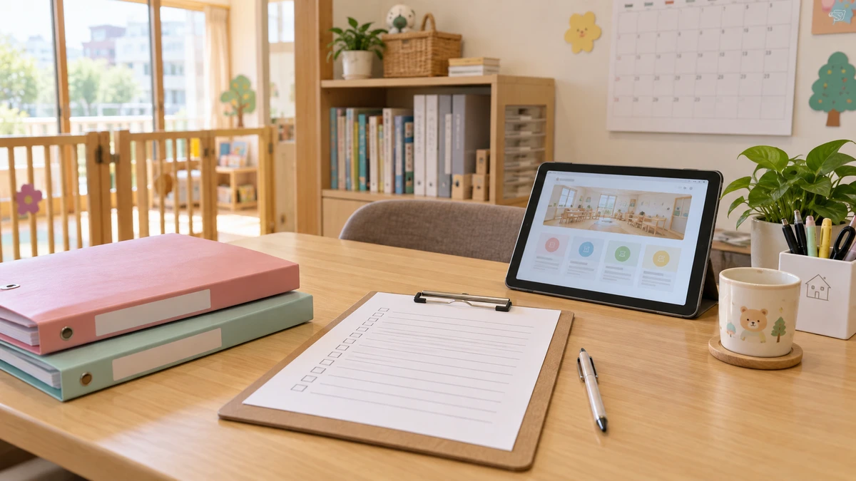 募集案内の年度更新を確認する無記名のチェック票とタブレットの机
