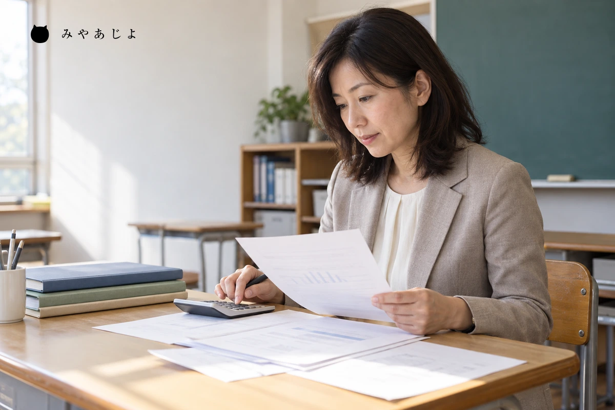 教室の机で料金案内の原稿を確認する塾担当者