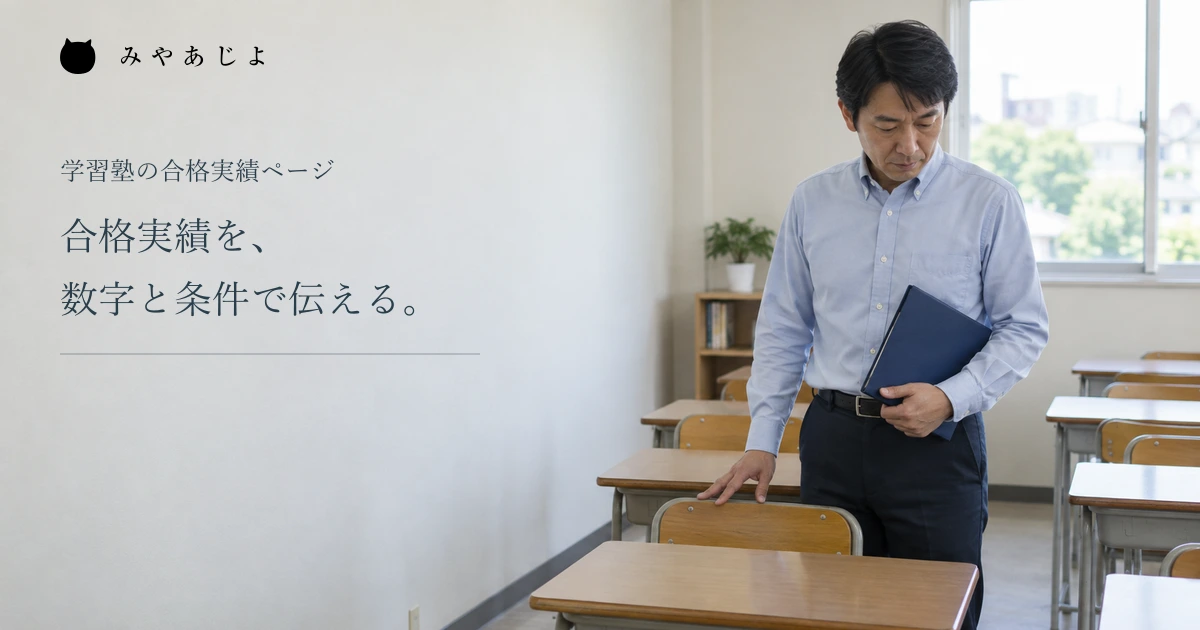 合格実績を数字と条件で伝える見出しと、学習塾でファイルを持つ成人担当者