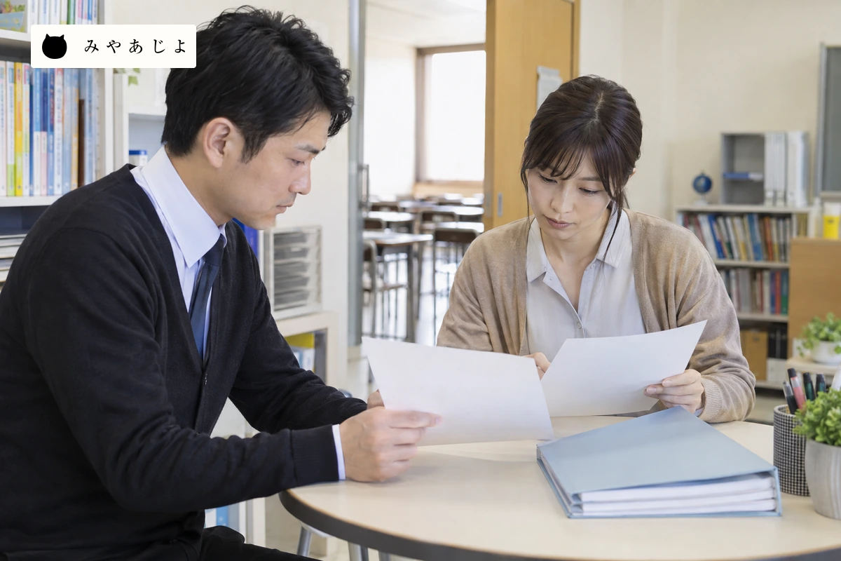 学習塾の担当者が講習案内と通常コースの資料を照合する場面