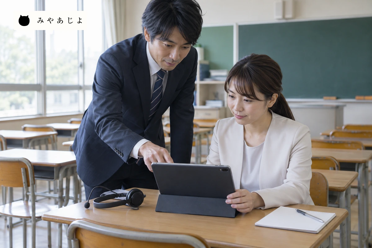 成人塾スタッフが無地のオンライン授業端末と準備資料を確認する場面
