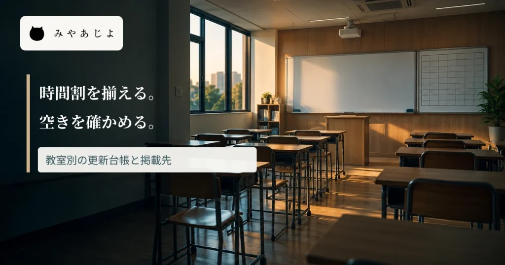教室別の時間割と空き情報の更新を考える見出しを重ねた教室画像