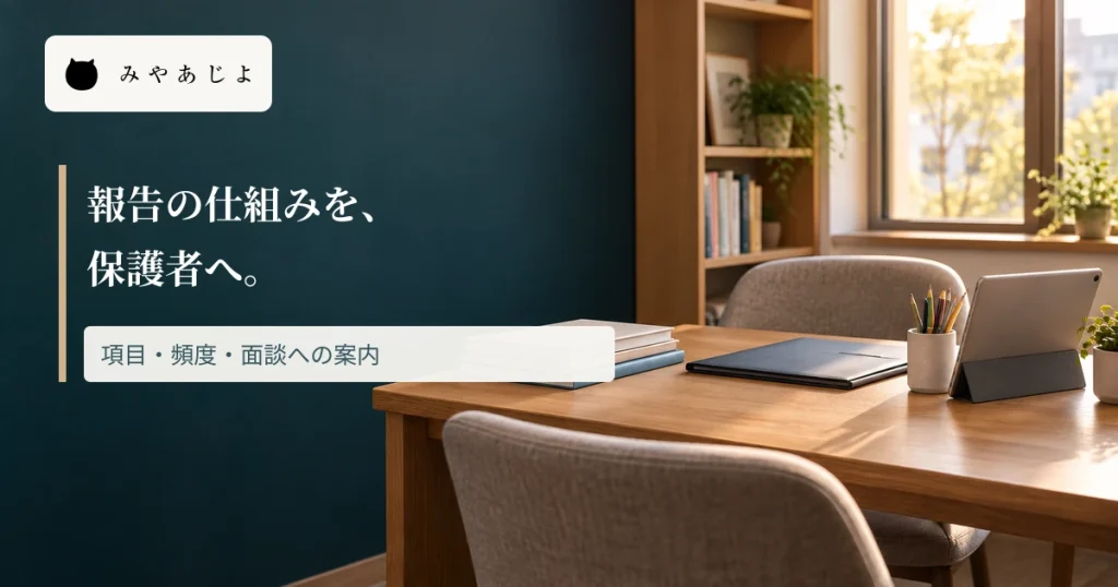 面談机とノートに保護者向け報告の見出しを重ねた画像