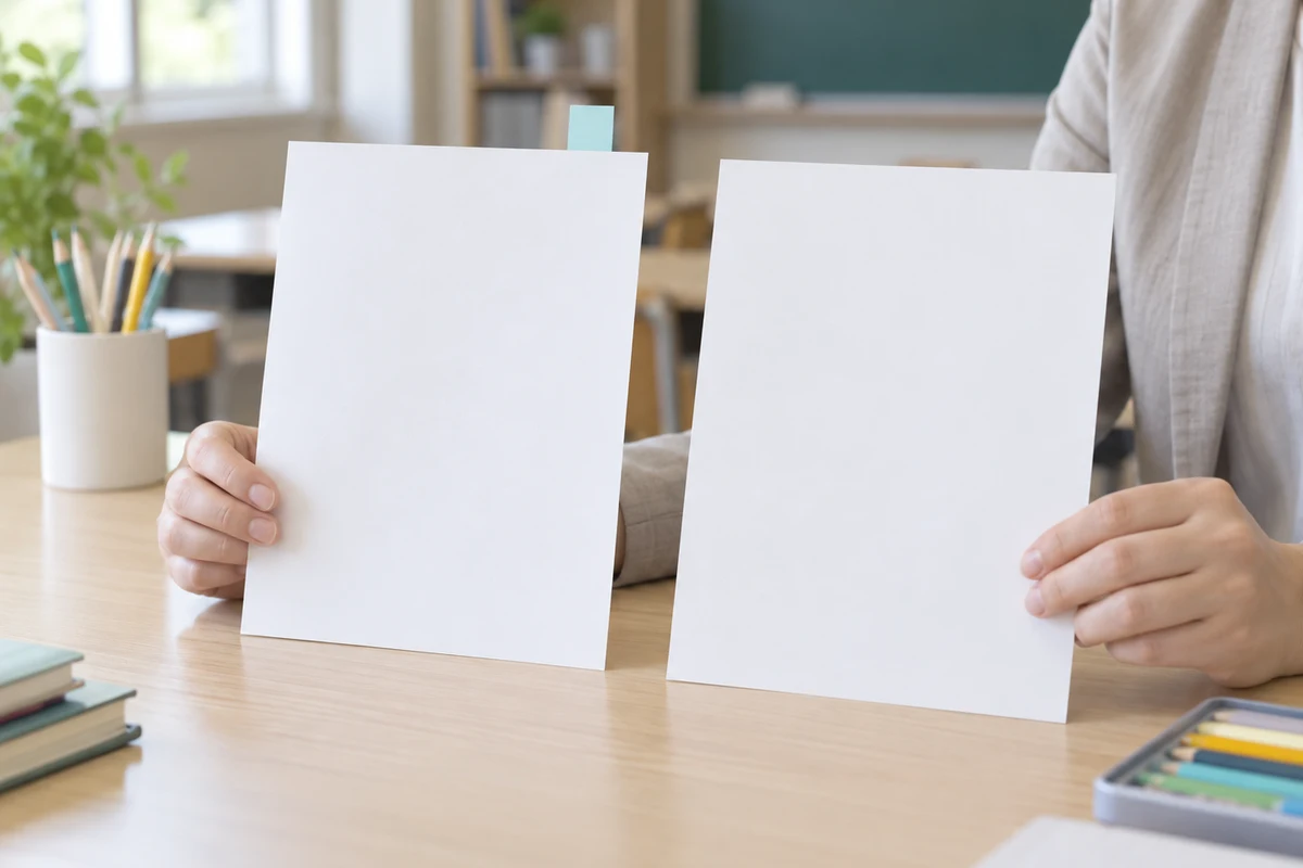 白紙の体験案内と入会資料を見比べる担当者の手元