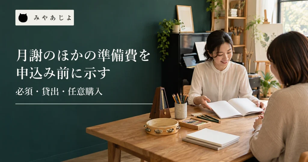 習い事教室の担当者と保護者が無記名の教材と道具を見ながら準備について相談する場面