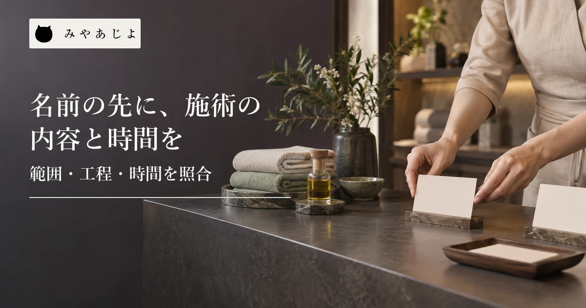 サロンのスタッフが白紙のメニューカードと施術の案内資料を並べて確認する場面