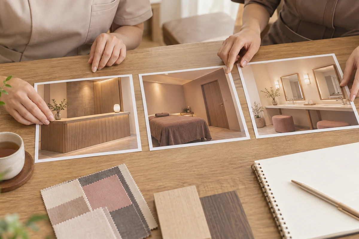 サロンの机上で受付と施術室の無記名写真を選ぶ担当者の手元