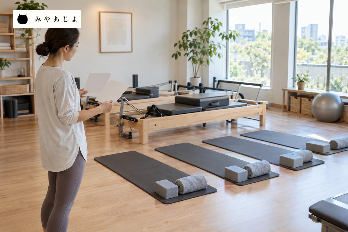ピラティススタジオでスタッフが白紙の案内カードを持ち、グループ用のマット配置を確認する場面