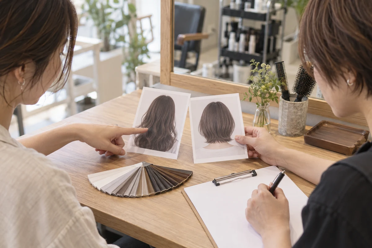 美容室の机上で無記名のヘアスタイル写真と施術記録を照合する担当者の手元
