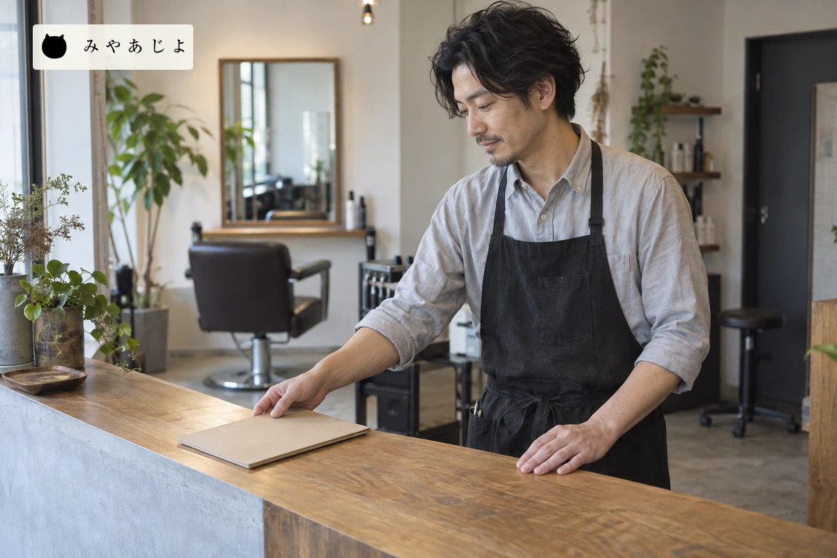 無地のメニュー冊子を置く美容室スタッフ。実在店舗や改定作業の実績を示すものではない