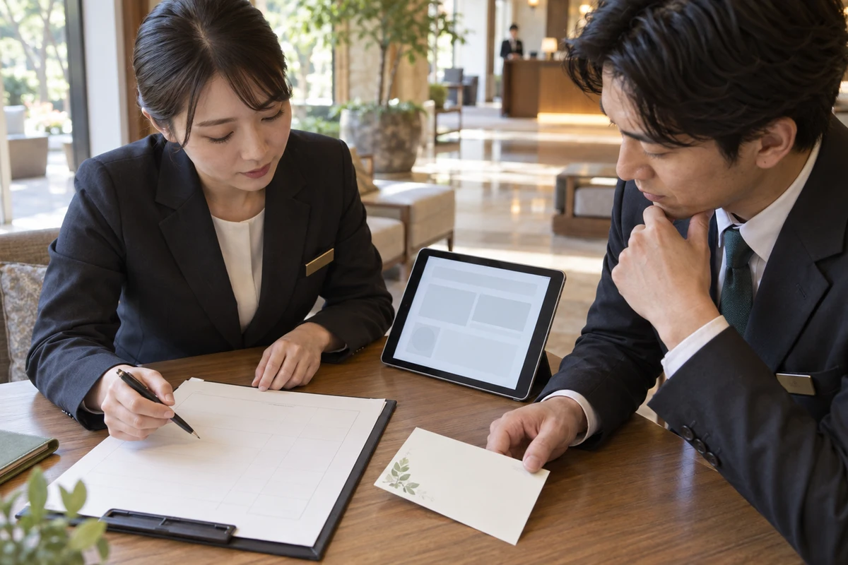 宿泊施設の担当者が無記名の予約票と食事案内を机上で照合する手元