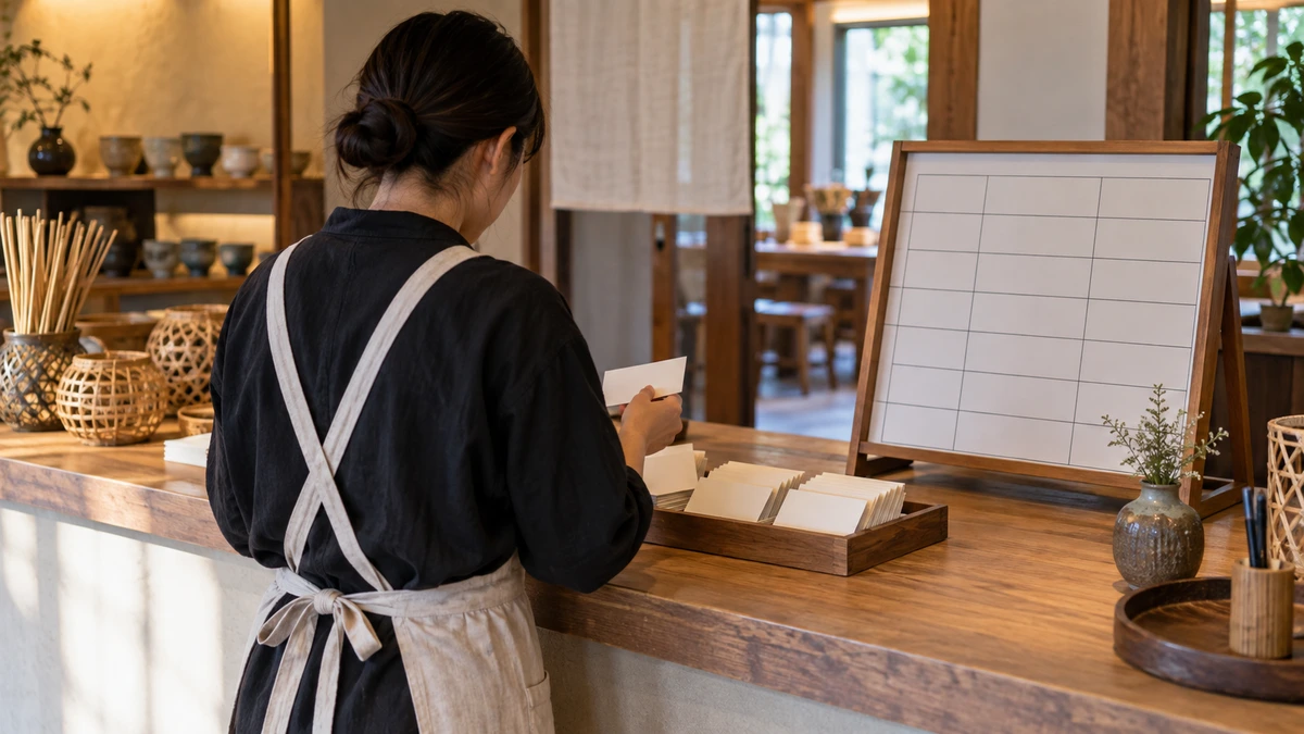 体験施設の受付でスタッフが予定カードと案内板を確認する写真