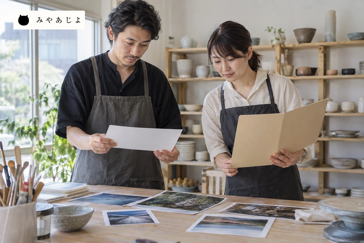 体験事業の担当者二人が写真素材と掲載先の資料を机上で照合する場面