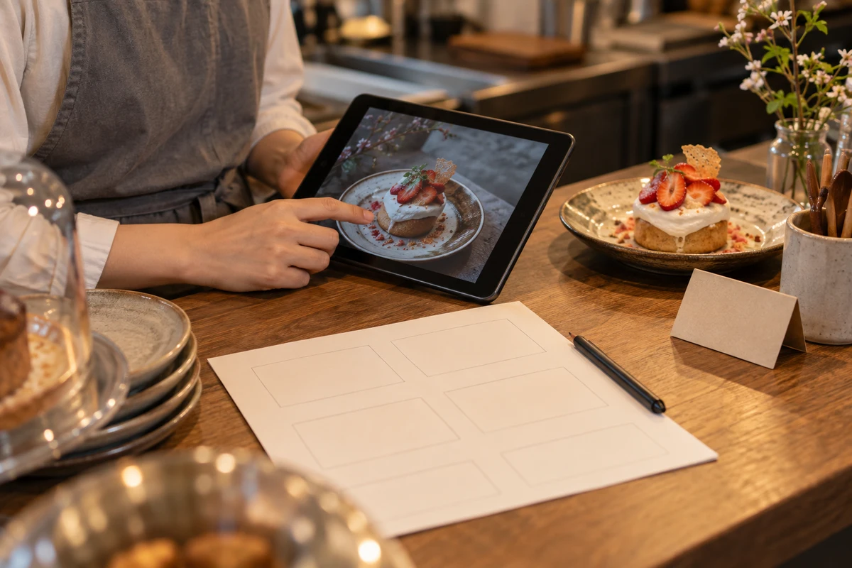 タブレットの料理写真と白紙の掲載票を見比べるカフェ担当者の手元