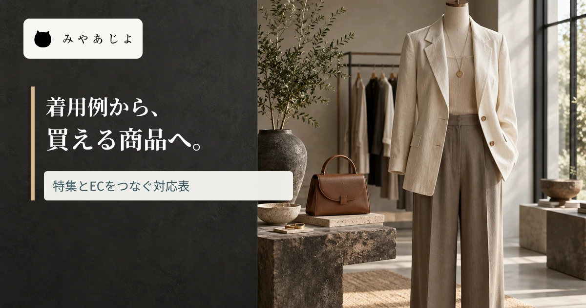 ジャケットとパンツの着用例、バッグを置いた小売空間に特集とECをつなぐ見出しを重ねた画像