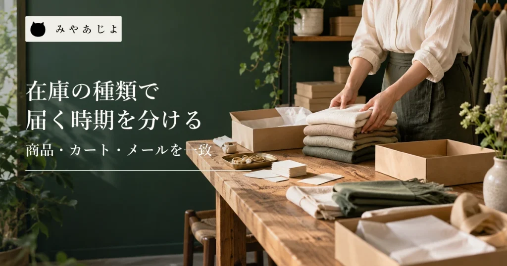 小売店の担当者が無記名の商品カードと配送案内の白紙を机上で整理する場面