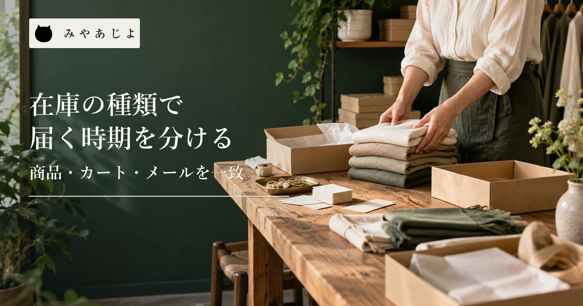 小売店の担当者が無記名の商品カードと配送案内の白紙を机上で整理する場面
