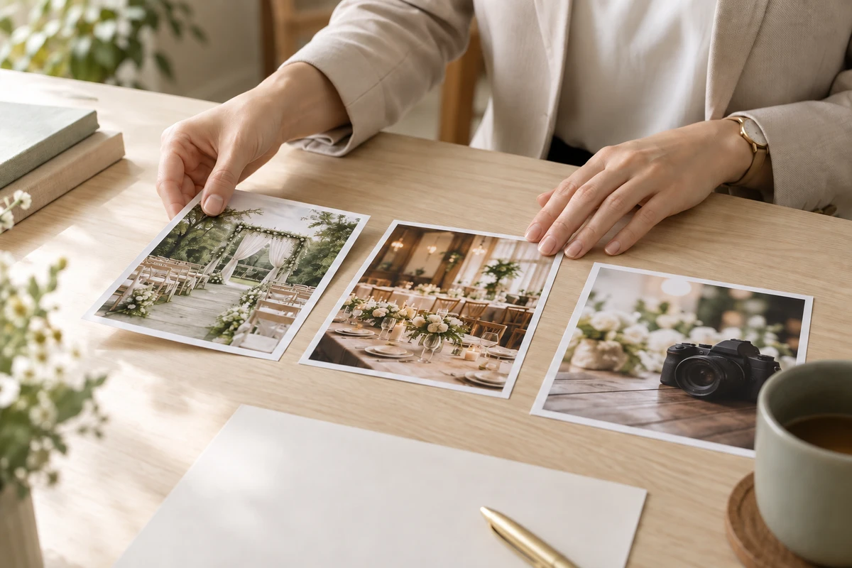 式場、会食、撮影を示す三枚の写真資料を担当者が机で並べる手元