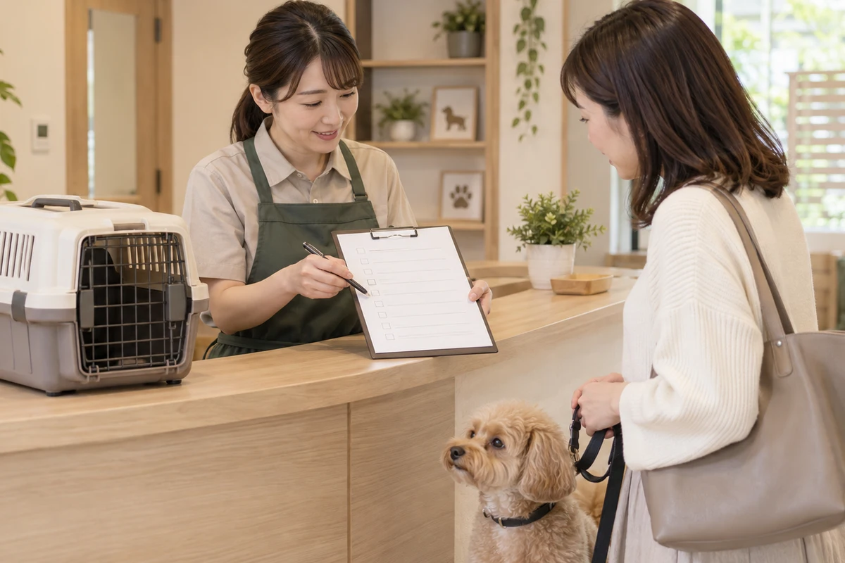 ペットホテルの受付台で犬の飼い主とスタッフが無記名の案内用紙と持ち物を確認する場面