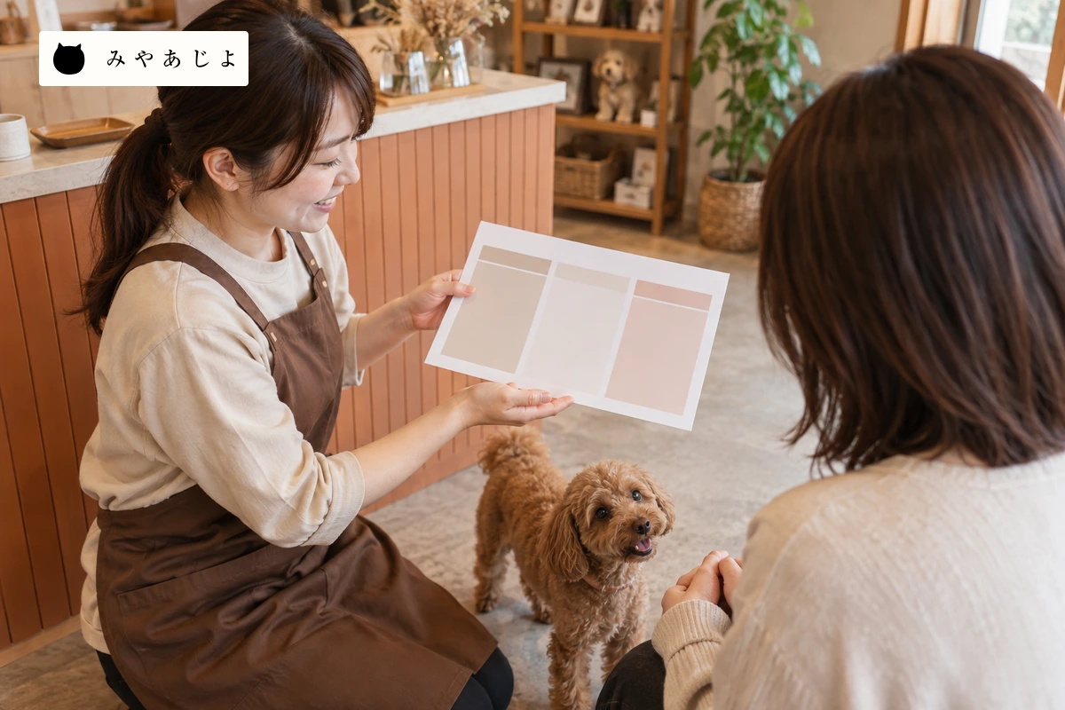 ペットサロンの受付で担当者が飼い主に無記名のコース表を示す場面