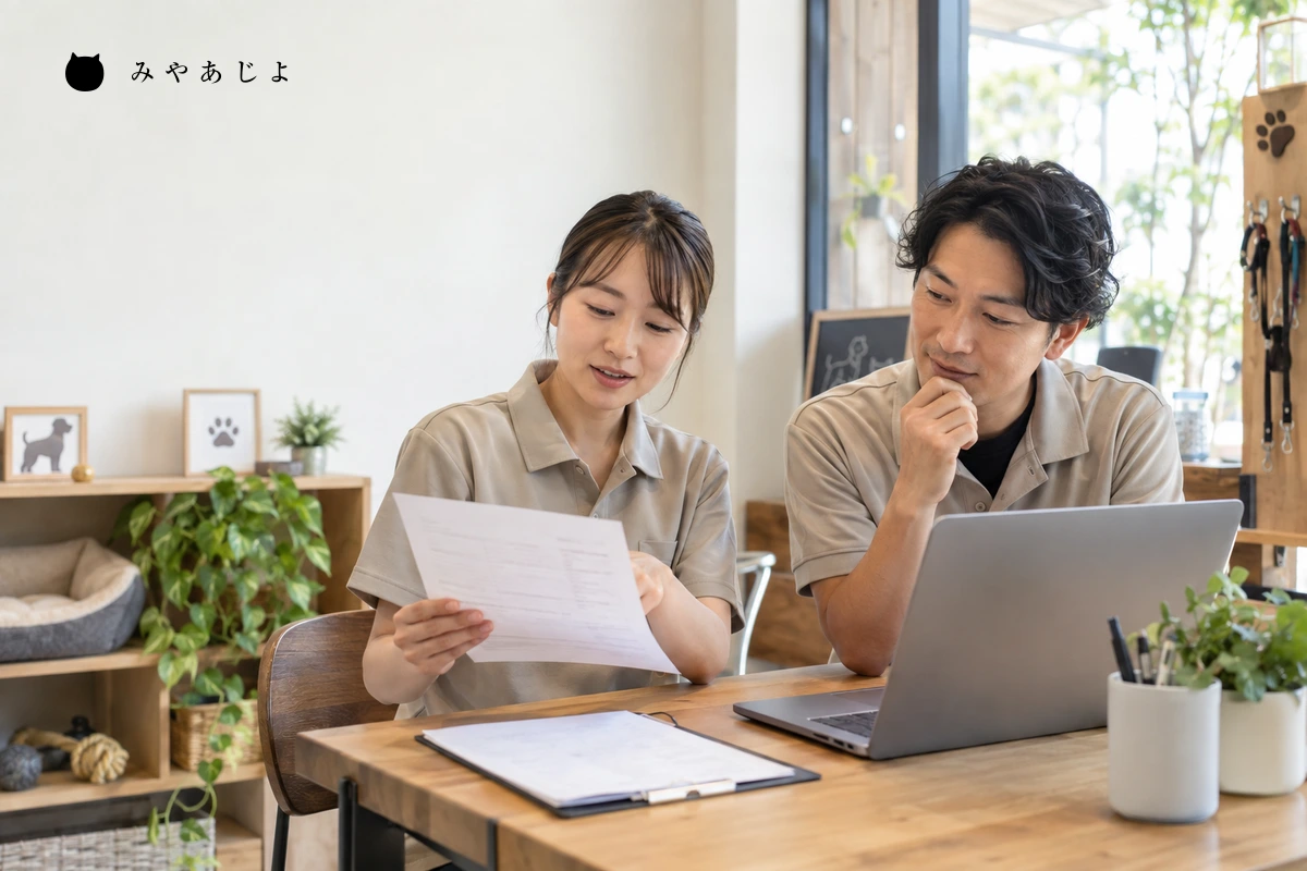 予約案内の資料を確認するペットサービス担当者