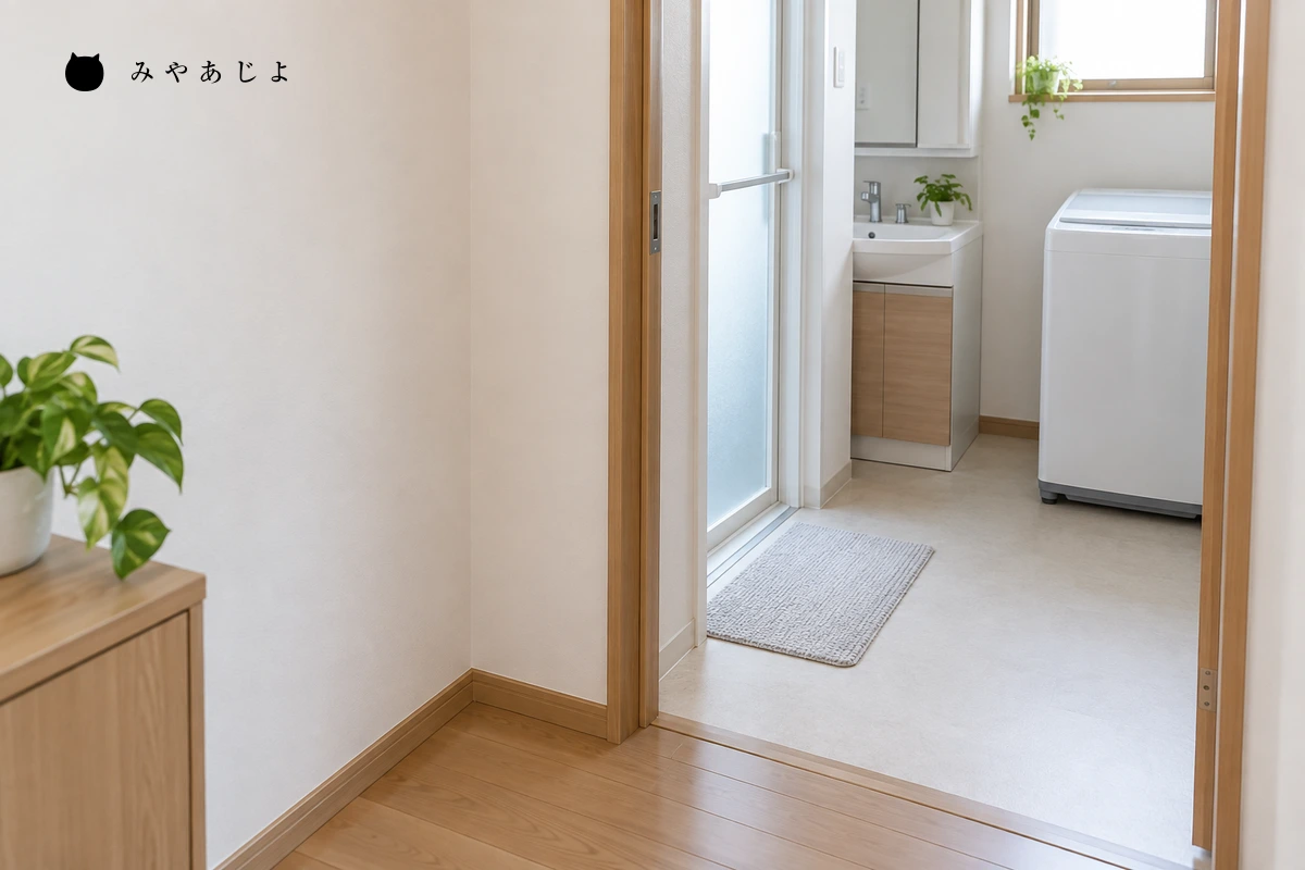 住宅の廊下と洗面室の入口を見渡す室内写真