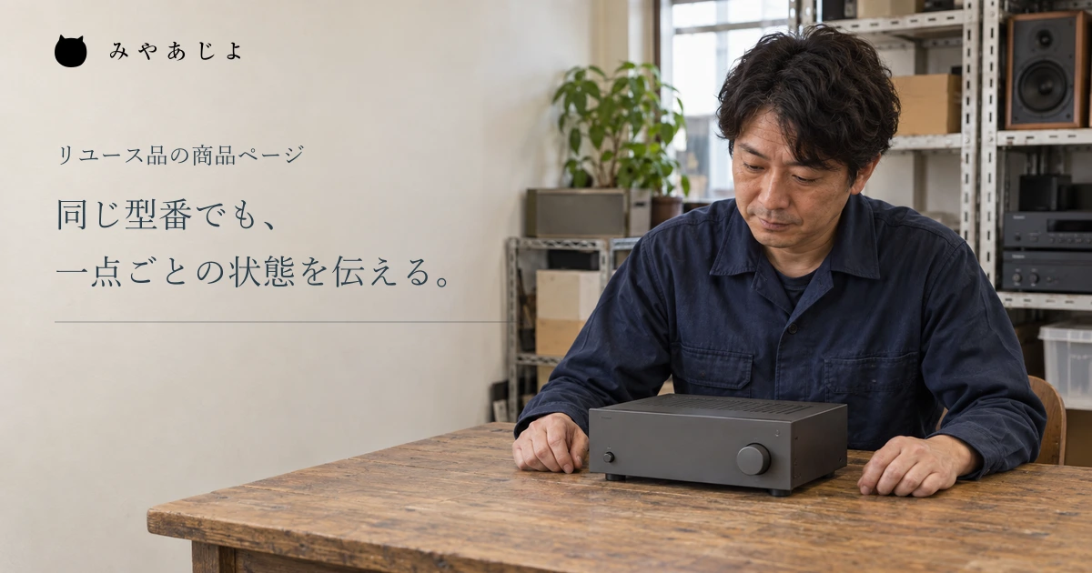 一点ごとの状態を伝える見出しと、無銘の機器を見る架空リユース店の担当者