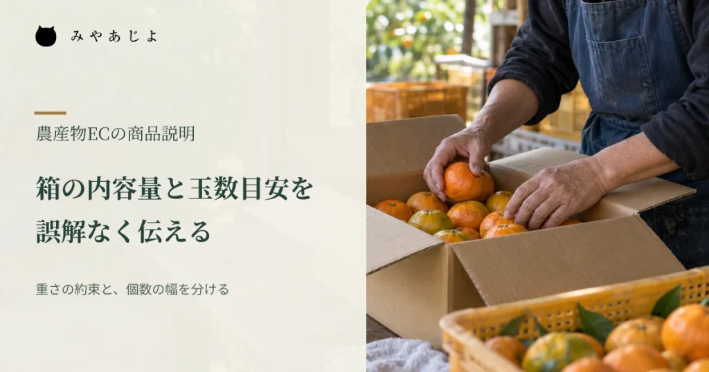 農園で果物を箱詰めする様子に「箱の内容量と玉数目安を誤解なく伝える」と記した編集イメージ