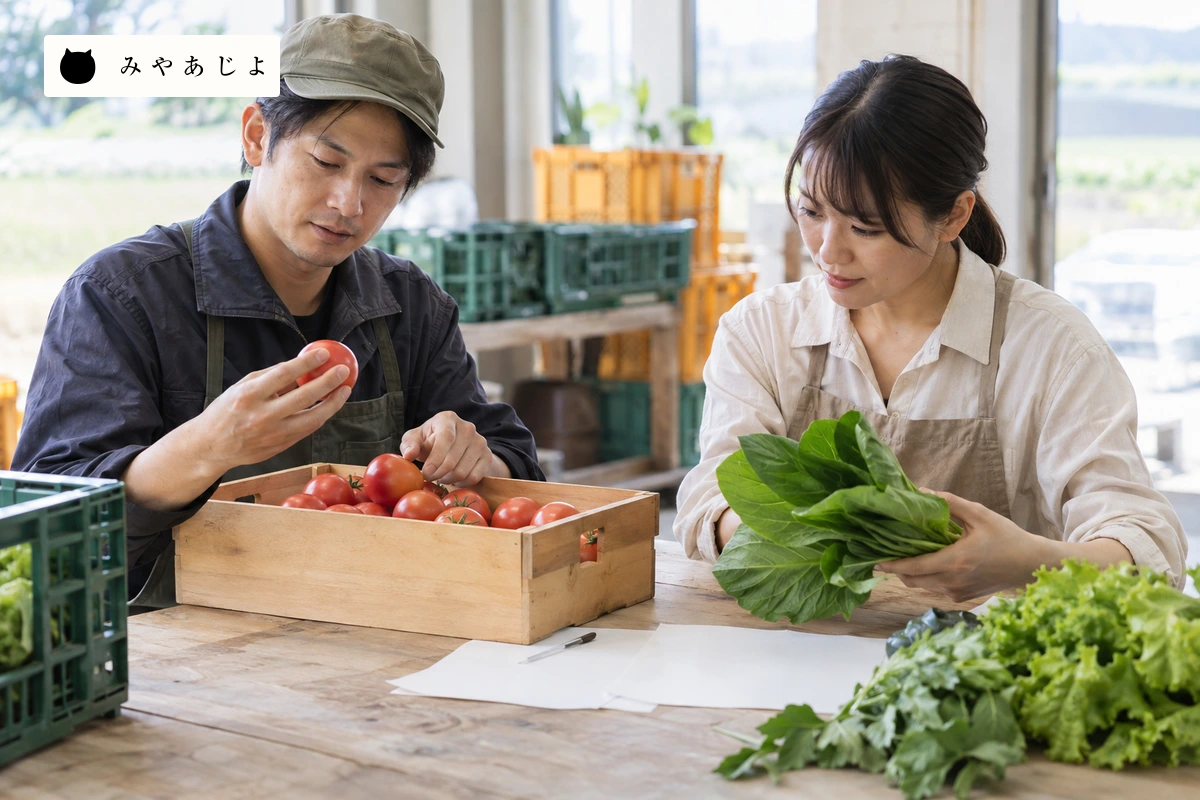 農園の担当者が野菜の品目と商品ページ用の資料を照合する場面
