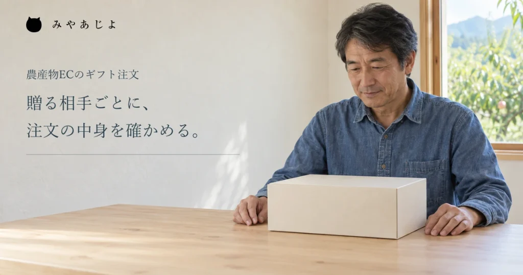 贈る相手ごとに注文内容を確認する見出しと、架空農園の相談卓で無地の箱を見る男性