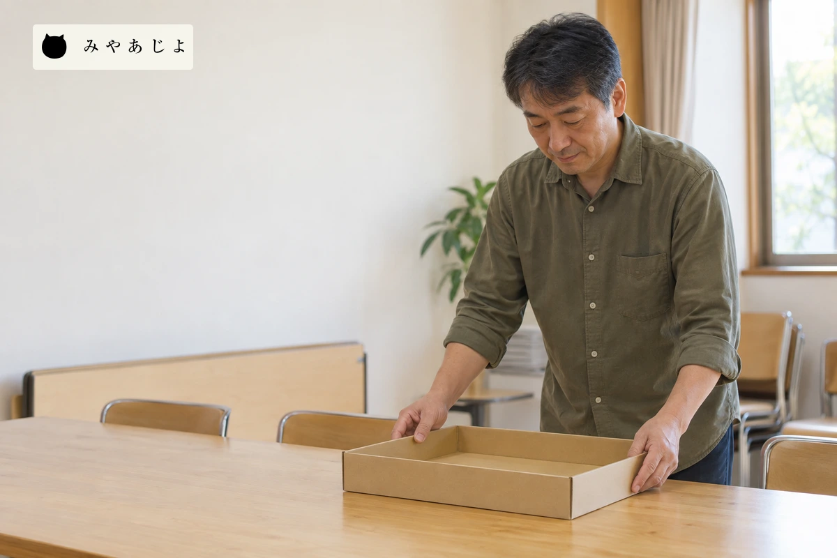 交流会場で空の箱を準備する担当者。実在団体の作業や募集を示していない