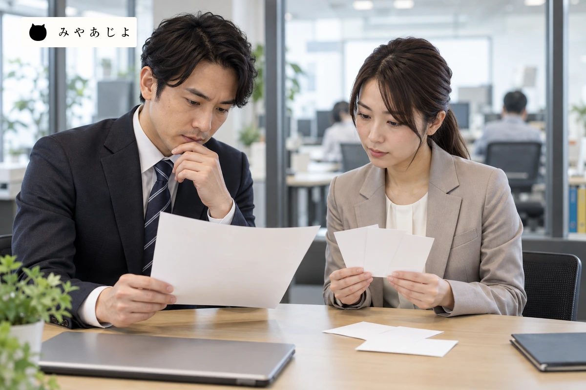 成人企業担当者二人が文字のない取材依頼書と空白の写真見本を机で確認する場面