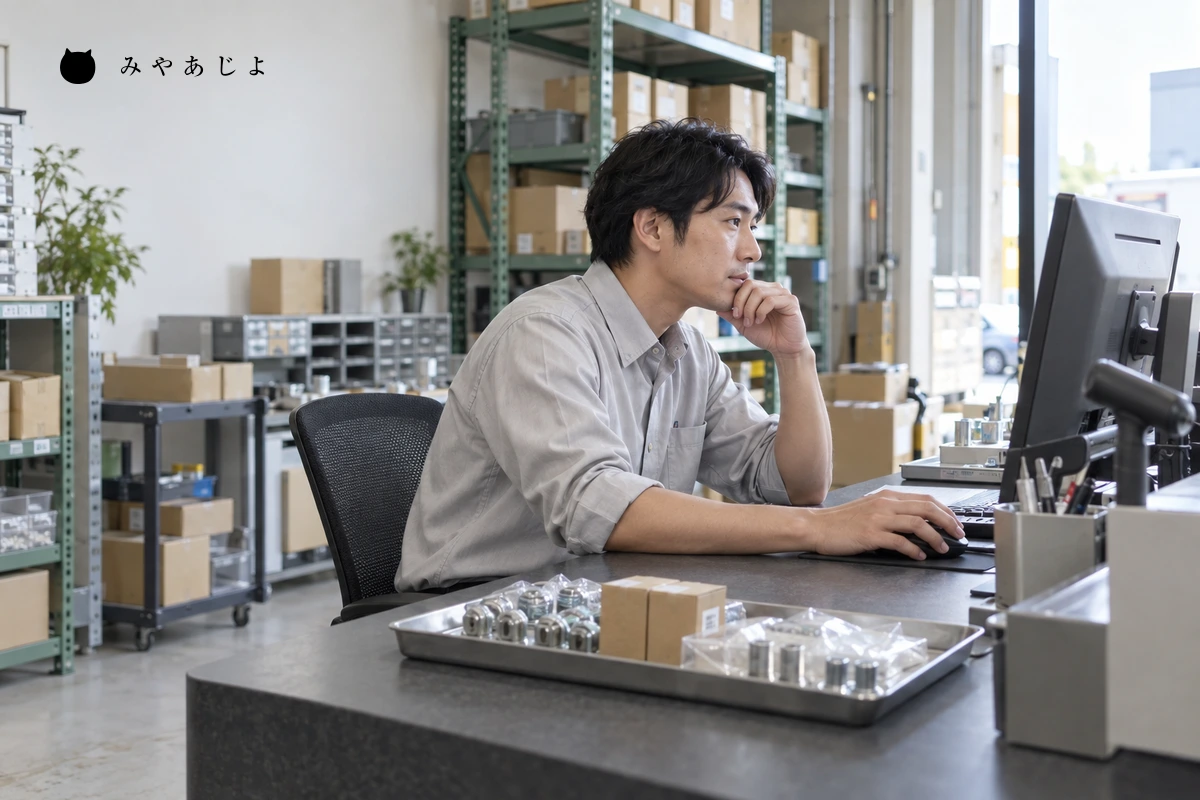 卸売会社の受注担当者がカウンターの端末で取引条件を確認する場面