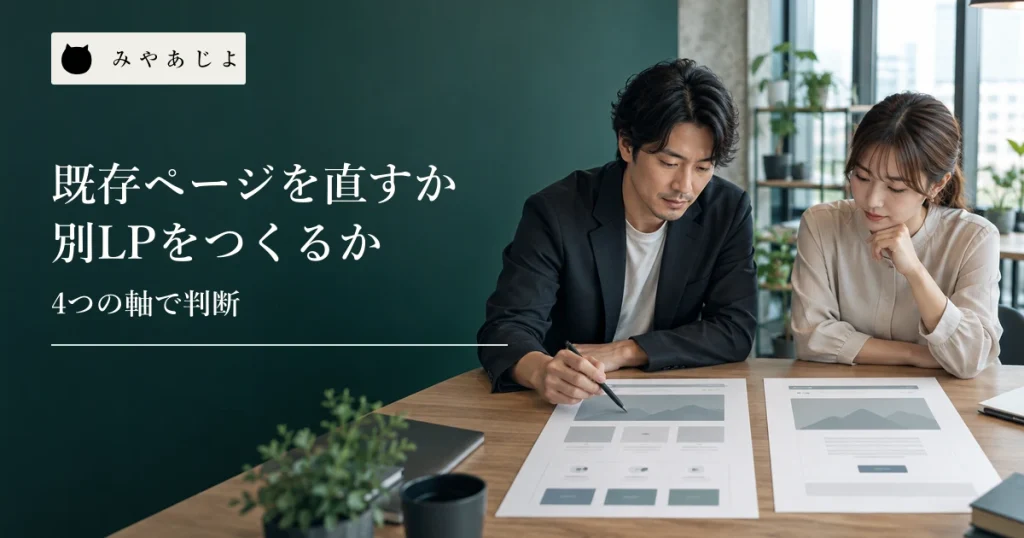 Web担当者二人が既存サービスページと別LPの無記名の画面案を比較する様子