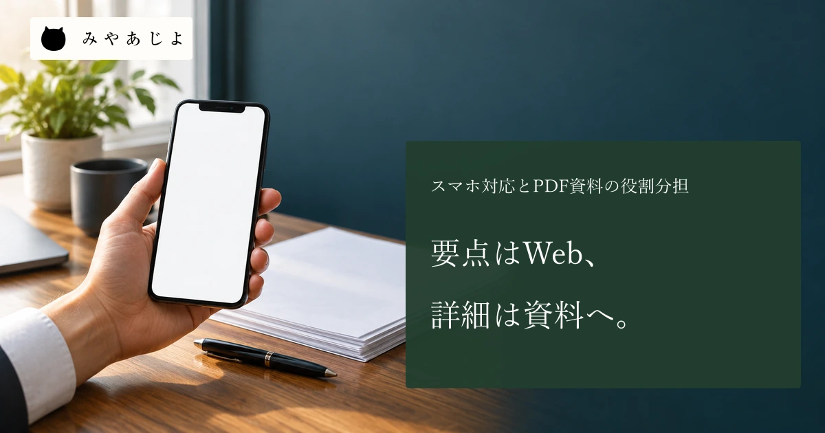 企業の机上で、白紙画面のスマートフォンと無記名の紙資料を見比べる場面