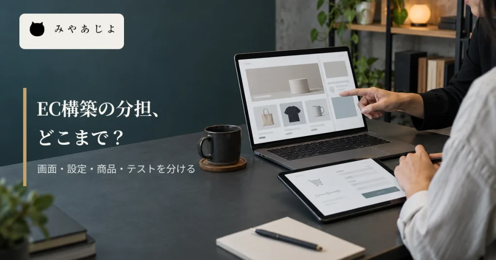 EC画面を確認する場面に「EC構築の分担、どこまで？」と記した編集イメージ