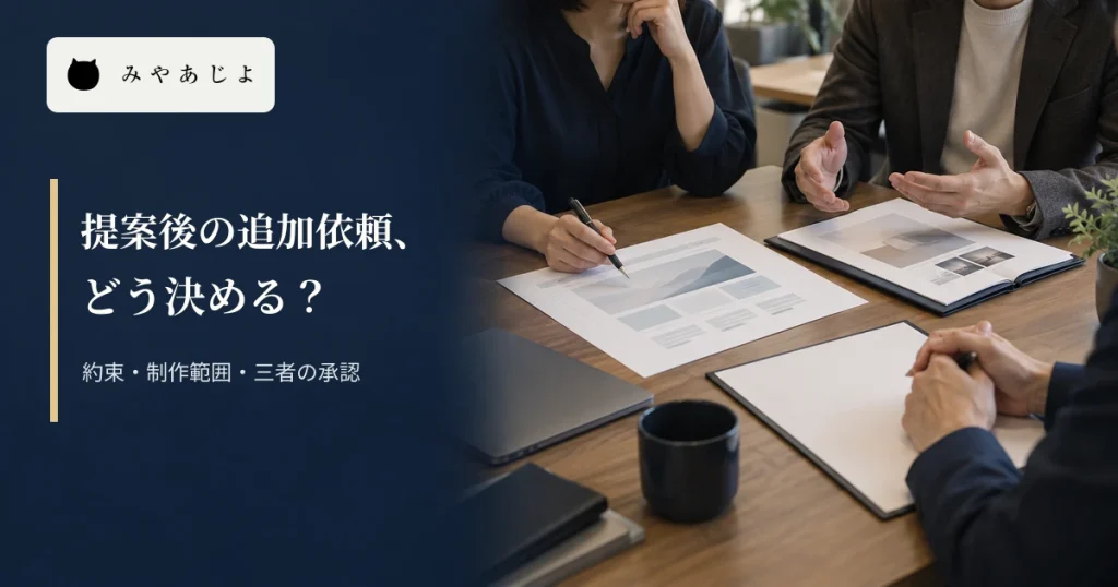 三者が提案資料を照合する写真に「提案後の追加依頼、どう決める？」と記した編集イメージ