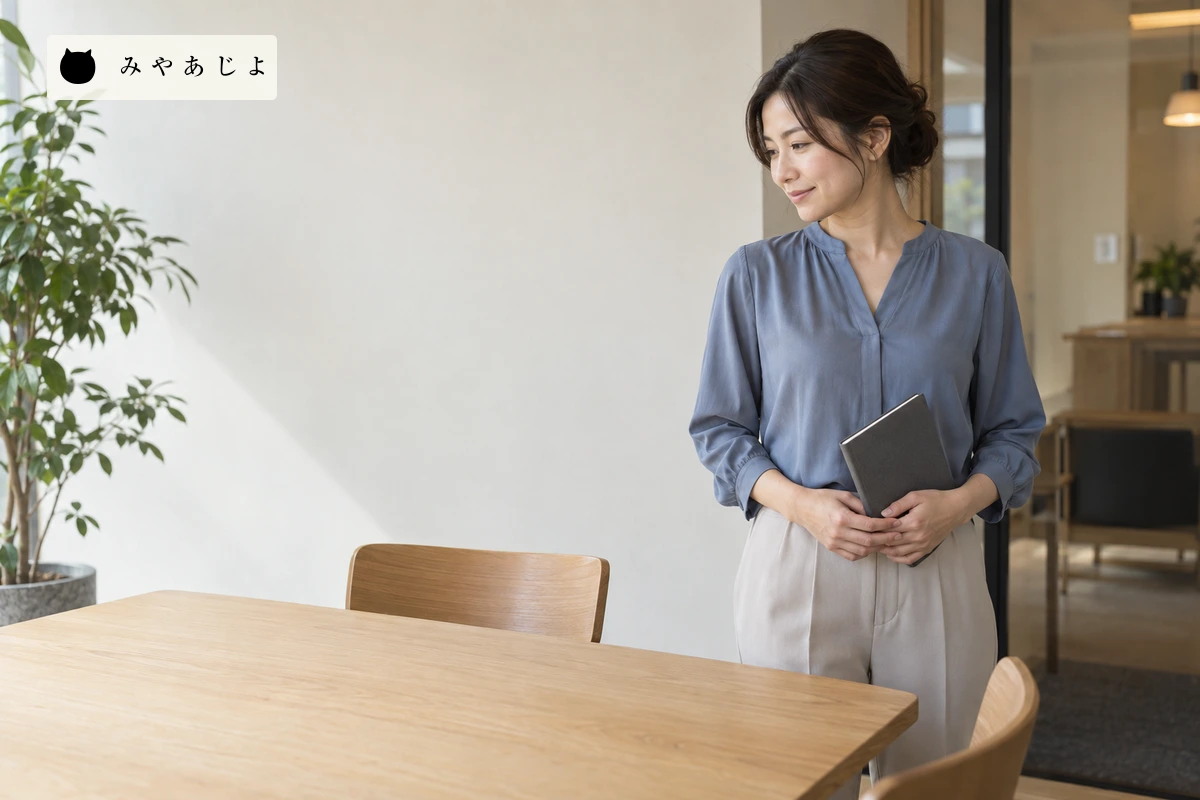 会議室で閉じた手帳を持つ女性。実在の協業担当者や顧客案件を示すものではない
